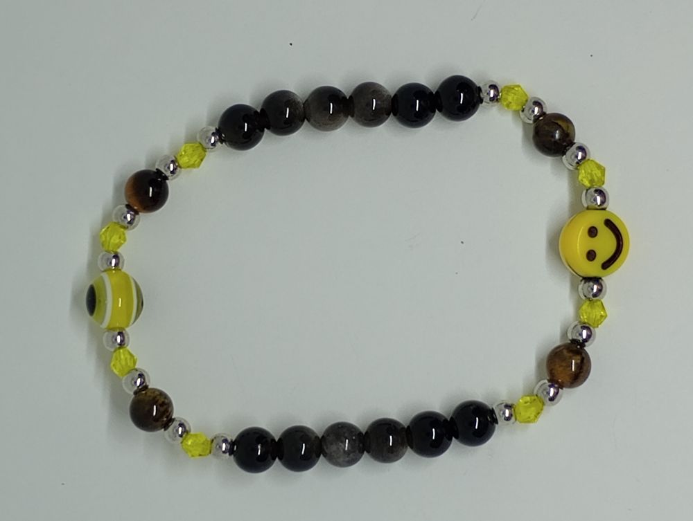 Yellow evil eye, smiley charm, crystal bracelet